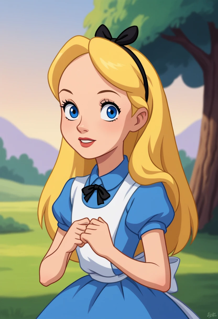 score_8_up, BREAK, Alice, 1girl, solo, blonde hair, long hair, blue eyes, headband, ribbon bow, blue dress, short sleeves, looking at viewer, outdoors, portrait,