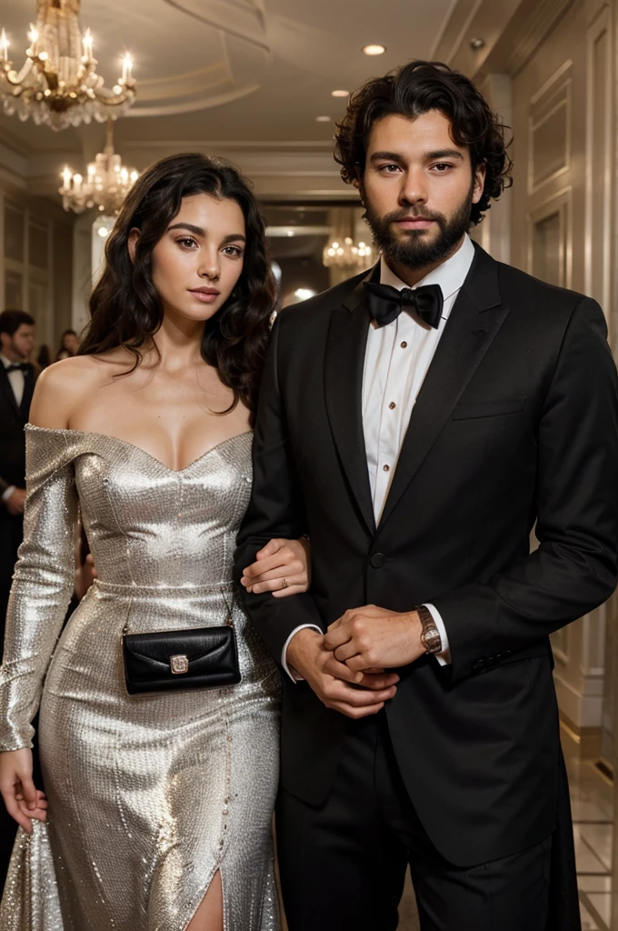 You can create an image of a handsome young man with a fine face, clear skin, black hair, bushy beard, black gala dress, junto a una mujer de clear skin, very curly curly hair, elegantly dressed