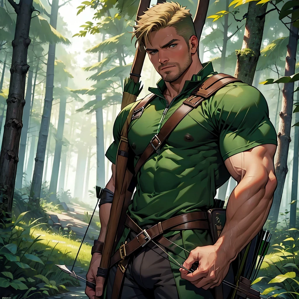 32k, high quality , detailed face , detailed fingers ,detailed muscles stephen amell as green arrow , wearing dark green forest outfit , having a dark blond short hair , a thick facial hair , nipples, a bulge ,hunk and handsome, shooting with his bow and arrow toward the ennemy , with the quiver on his back full of arrows , background a lush forest and trees