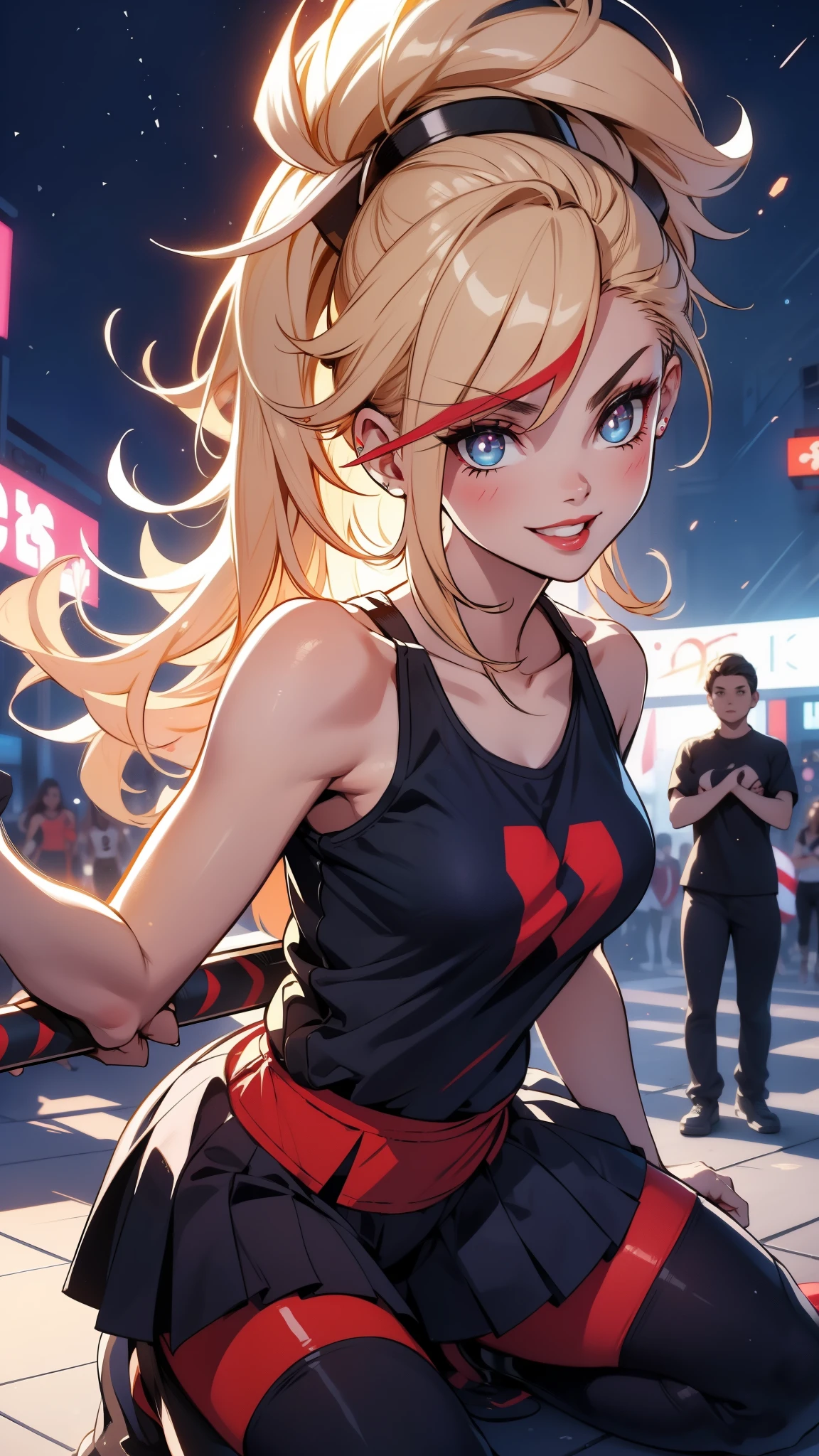 Cheerleader, cute woman, holding down a katana, big smile, samurai pose, kneeling pose, expressive, simple nightscape, confident smile, ultra detailed face, better quality, perfect eyes Blue, glowing eyes, long eyelashes, sharp eyes, ultra detailed face, ultra long hair, ultra detailed hair, ultra detailed hair strands, catwalk, walking down the streets, night, starry Sky, ultra detailed lips, Red lips,