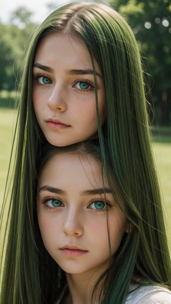 a girl. face sent feeling. Europe. Oval face. long face. delicate facial features. sad eyes. loose, flowing hair. green eyes. long straight hair. thick hair. green hair. sad expression. shy. outdoor