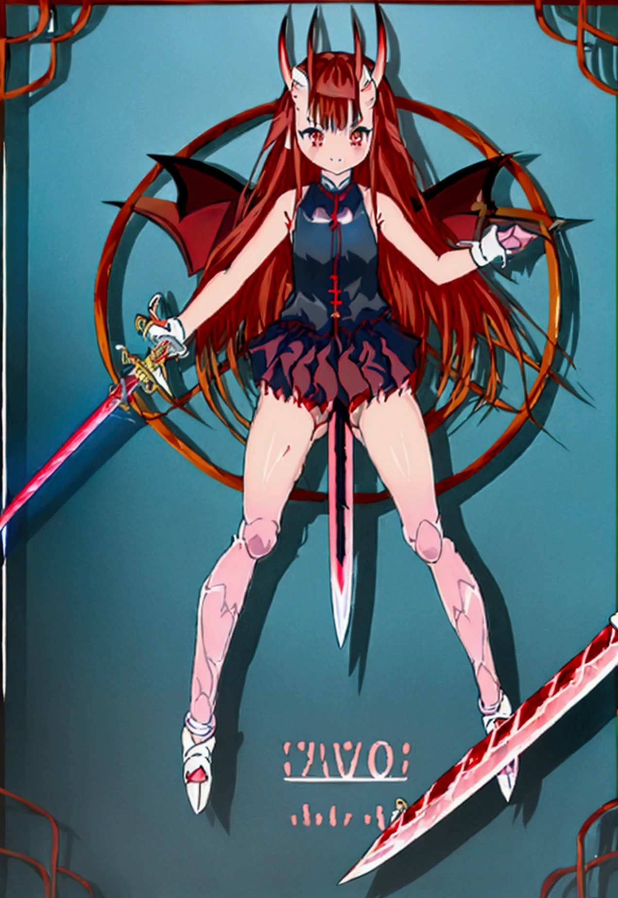 1girl、(((devilの羽:devil:Two horns))),Long Hair,、,(((fullbody)))、Nipples,(((Sword in left hand)))、独奏、Sharp Claws、Sharp Fangs、Naughty figure、Red ribbon、Sexy clothes