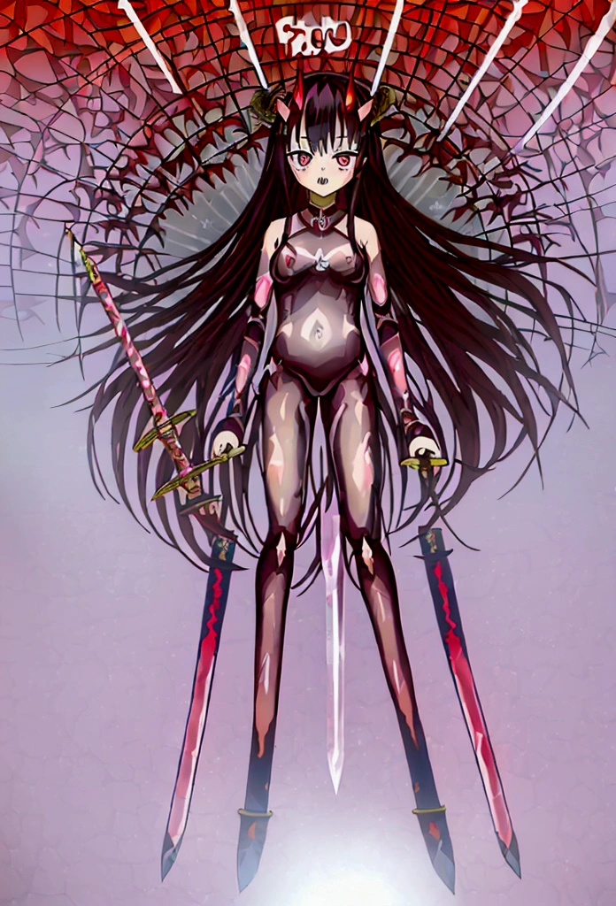 1girl, solo, succubus, surprised look on face, demon wings, demon tail, glowing eyes, looking at viewer, demon horns, ((medium perky breasts)), pointed ears, long black hair, hooves, spiked tail, blood dripping from claws, dominatrix, bondage_outfit, from front, (stabbed in back with a sword:1.5), kneeling on ground, outside, (sword blade through body), background is inside an opulent mansion