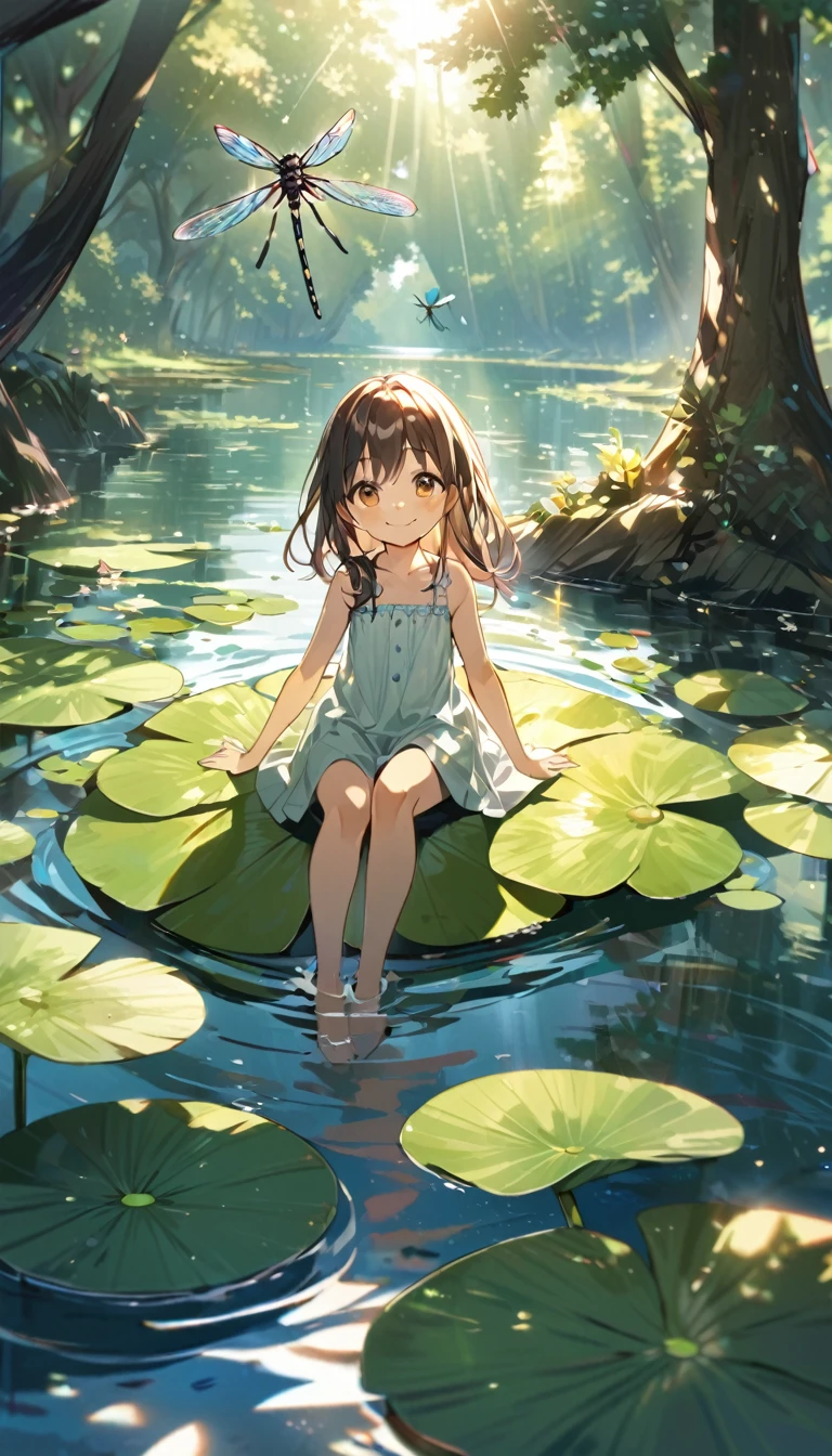 A young girl, about 6 years old, sitting on a very large water lily, smile, Sunlight filtering through the trees, summer, lake, Dragonfly, Detailed Description, Zoom out