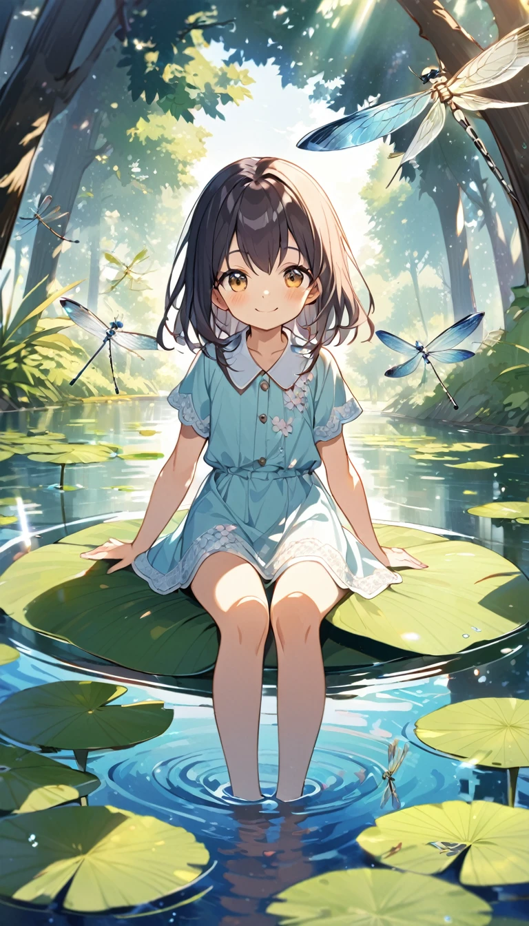 A young girl, about 6 years old, sitting on a very large water lily, smile, Sunlight filtering through the trees, summer, lake, Dragonfly, Detailed Description, Zoom out