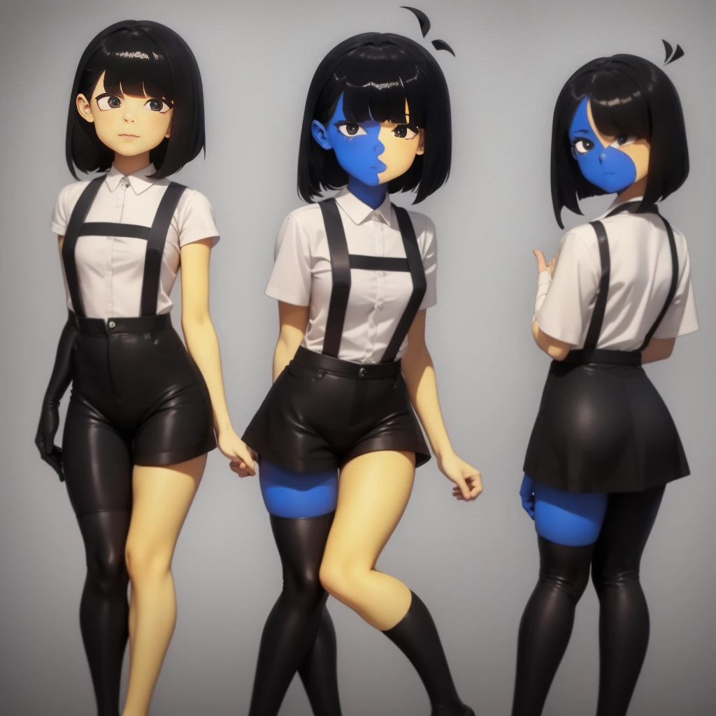 Ena (Joel G), 1girl, dual-colored body, (right side blue, left side yellow), long black hair with different length on either side, (right side of hair longer and straight, left side of hair resembles bob cut and covers left ear), two triangular ahoges, blunt cut bangs, diamond-shaped right eye with a eyelash down, half circle-shaped left eye, black eyes, beige collared t-shirt, black skirt with black overalls straps, single strap connecting the two other straps going across her chest, two black socks (one thigh-high on her right and one ankle sock on her left), grain effect over her right side and hair, front view, standing, perfect anatomy, better hands,