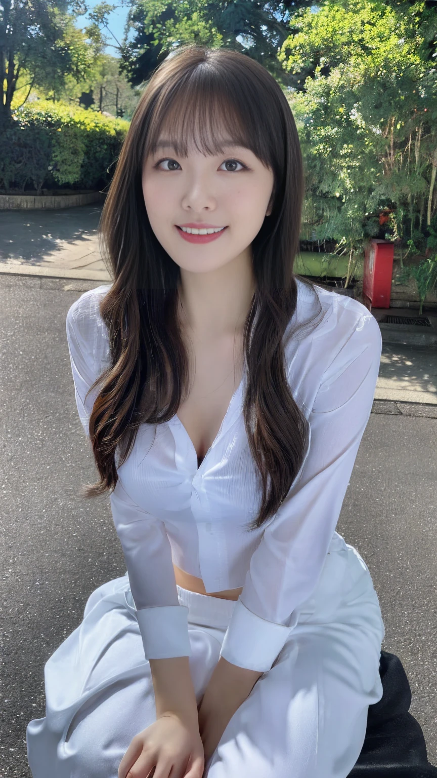 (highest quality、table top、8K、best image quality、Award-winning work)、one university girl, 22 years old, (alone:1.1), perfect beautiful composition, ((Full body:1.3)), (natural big breasts that are about to burst:1.2), (emphasize body line:1.1), slender body, ((perfect and accurate white polyester shirt:1.3)), (black pleated skirt:1.1) look at me and smile, (Beautiful park background with strong blur:1.1), The most natural and perfect beauty park、perfectly maintained park, ((random sexy pose:1.3)), natural makeup, Ultra high definition beauty face, ultra high definition hair, Super high-definition sparkling eyes, (Super high resolution glossy skin:1.1), Super high resolution glossy lips, accurate anatomy, (very bright and vivid:1.1), (dark brown wavy long hair), Ultra High Detail Body, ultra high detail hands