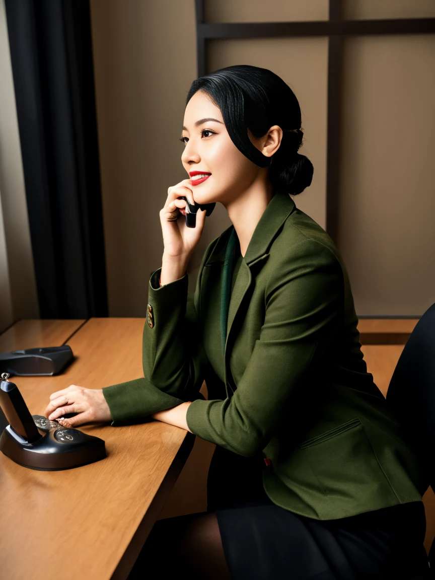 (full body),In the office, a Chinese beauty wearing a uniform,(Retro finger waves),finger waves, with perfect facial features, hot ass giri, smile, lipstick, red lip,Deep olive green tight fitting wool jacket, a brown-green shirt,wearing (Black uniform tie),Deep Olive Green Wool Pencil Skirt, (Black high heeled knee high boots), Sitting in a chair and making phone callss,full body,Sitting in front of the computer,( Making a phone call using a landline), (male colleague standing behind), a girl, a boy, full body , office,desk, chair, Landline , night, bright lighting, Best quality, masterpiece, ultra highs, (photosensitive: 1.4), deep shadow, low-key, 8k portal of beautiful, integrated, elegantly, highly detailed, Majestic, digital photography, art by artwork and run jia and greg rutkowski, (masterpiece, sidelighting, finely detailed beautiful eyes: 1.2), HDR, Detailed background,