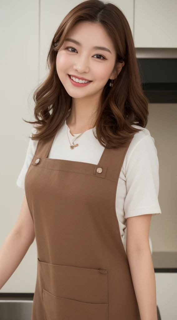 (Highest quality, 8k, masterpiece: 1.3), Beautiful woman with perfect figure: 1.4, Dark brown hair, Wear a pendant, Wearing an apron, In the kitchen, Highly detailed face and skin, Detailed eyes, double eyelid, Big Breasts, smile