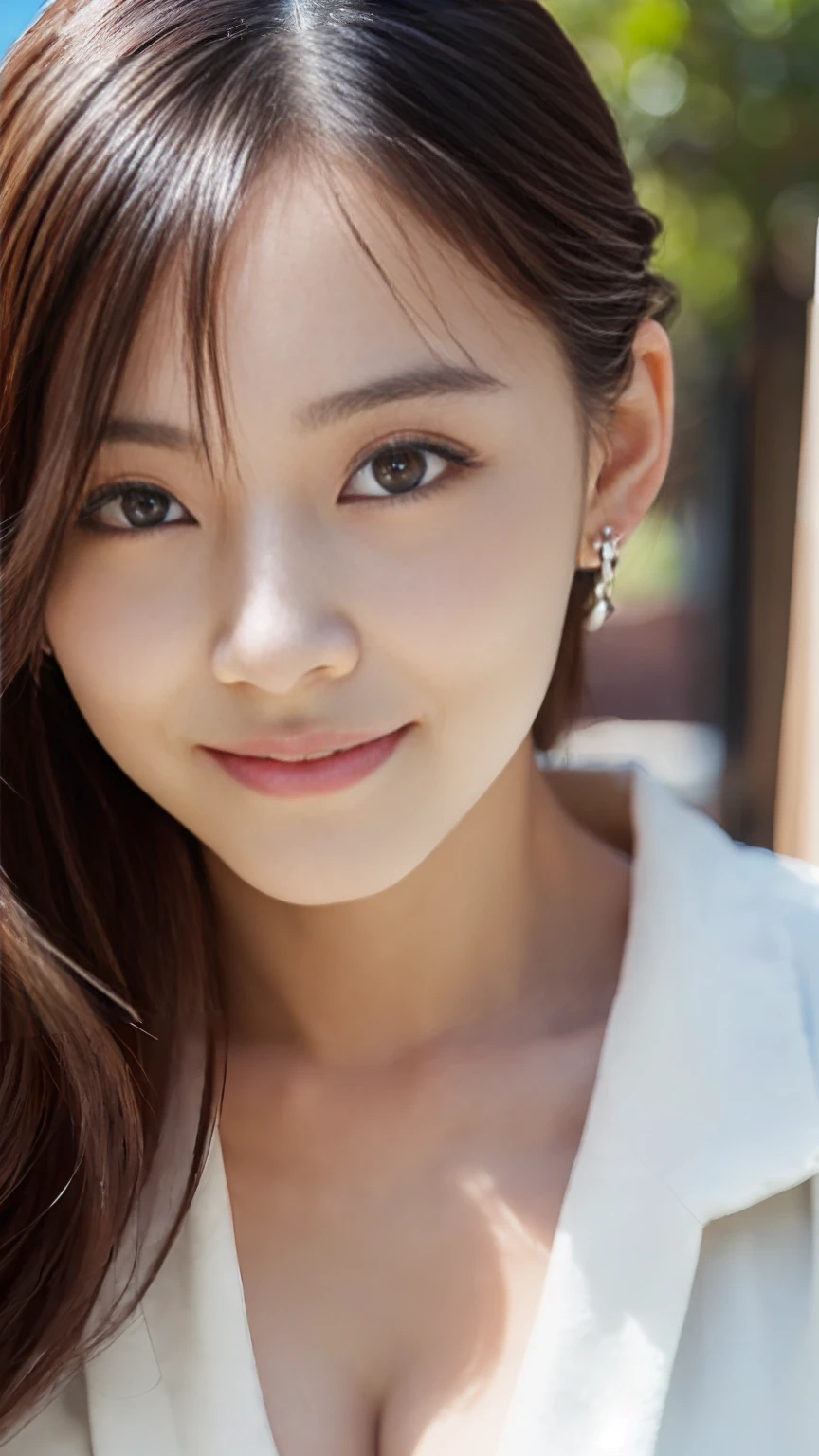((((masterpiece、Highest quality、High resolution、Tabletop、wallpaper、Realistic、Bright lighting、Professional Lighting、Face Light、Smooth lighting、Japanese women、Beautiful woman、action、gravure、sexy、so beautiful、Beautiful Skin、Beautiful and exquisite、Detailed face、slim、Looking into the camera、Cleavage))))、((Big Breasts:1.4))、((((japanese,20-years-old,One woman,outdoors,Looking into the camera:1.5)))),smile,close mouth
