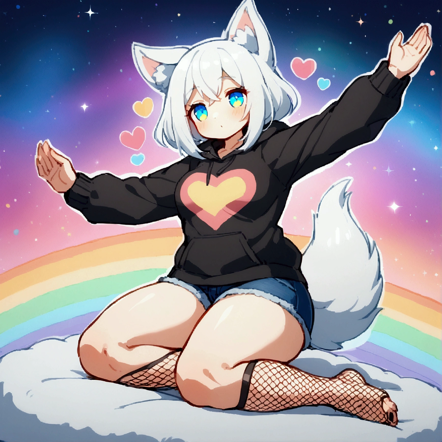 a cute adult male with wolf ears, long white hair, long locks, has a wolf tail, wearing a loose cropped black hoodie, wearing a pair of denim short shorts and fishnet stockings, thick thighs, wide hips, relaxing on mound of fluffy multi colored plushies, short, very slim, showing slender tummy, heart on hoodie, squishy thighs, has glowing blue eyes. alone, solo (ALONE)(SOLO), surrounded by rainbows, colorful galaxy backround, stretching, giggling