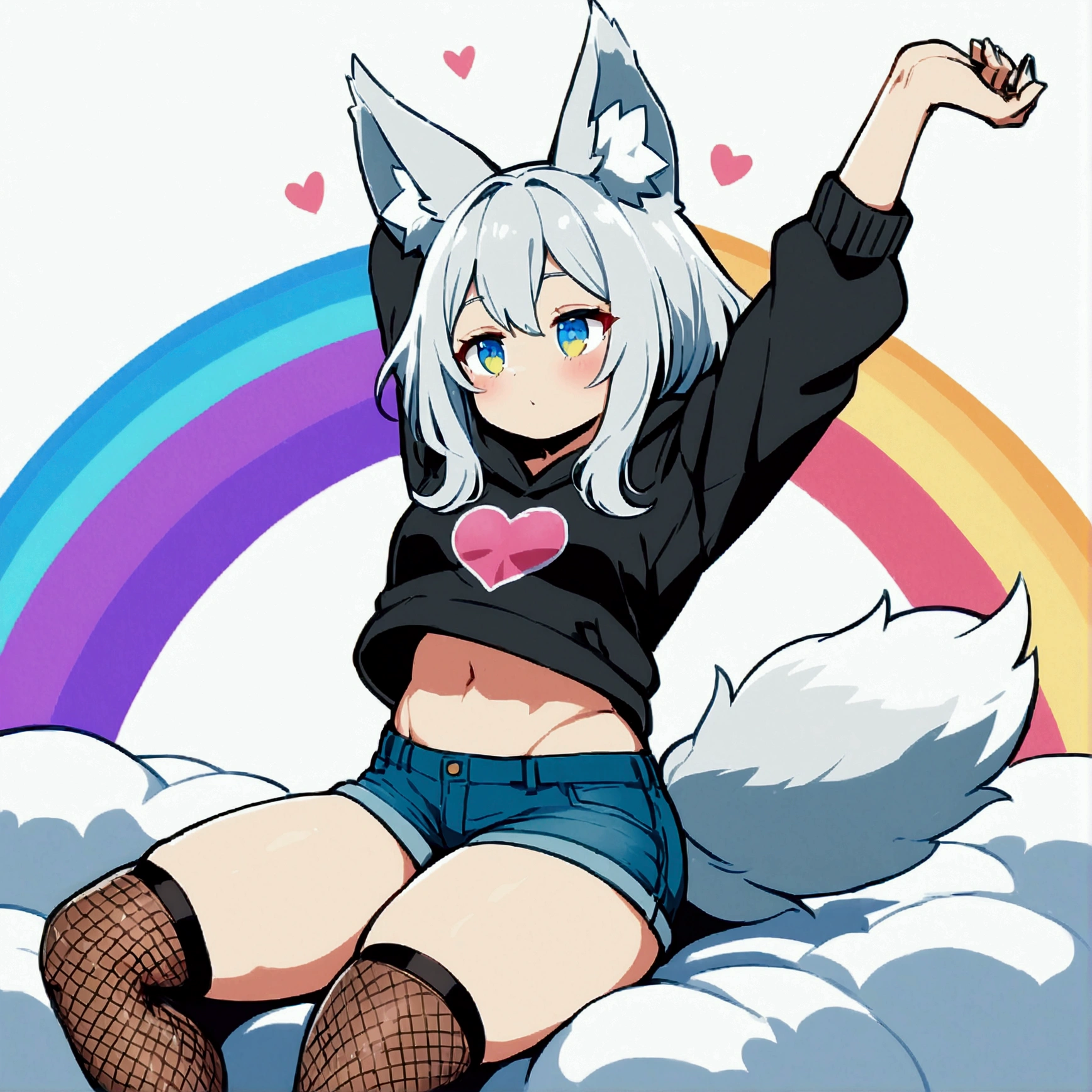 a cute adult male with wolf ears, long white hair, long locks, has a wolf tail, wearing a loose cropped black hoodie, wearing a pair of denim short shorts and fishnet stockings, thick thighs, wide hips, relaxing on mound of fluffy multi colored plushies, short, very slim, showing slender tummy, heart on hoodie, squishy thighs, has glowing blue eyes. alone, solo (ALONE)(SOLO), surrounded by rainbows, colorful galaxy backround, stretching, giggling