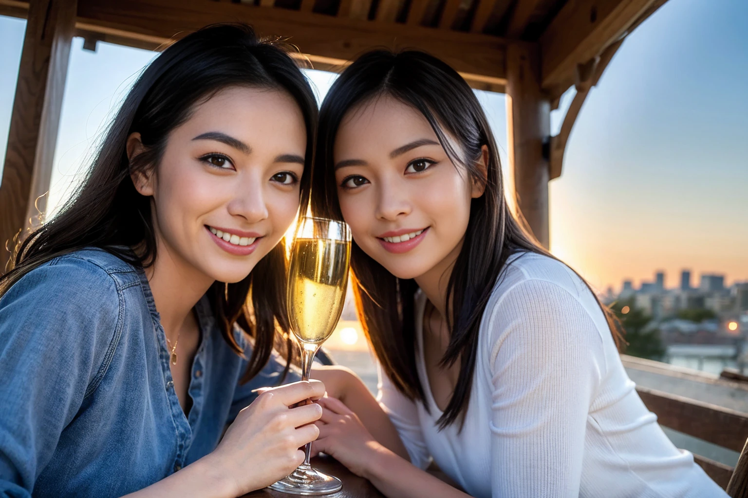 ((Highest quality、、masterpiece:1.3))、1 male、1 female,36 years old 39 years old、Slim Beauty、Beautiful couple、Upper Body、smile、 (Slim face), (the body is スリム), (Brown Hair), (Shortcuts), テーブルのフルコースディナーとwine glass、Amazing view of the sunset sky and clouds、smileの美しさ、Wine bottle、sparkling wine、Long sleeve shirt、dress、White wine, red wine, wine glass, Beautiful fine grain, Depth f/2,saturation, High Contrast, Strong light and shadow,Moist Body:1.5、 texture、The hair is very shiny、