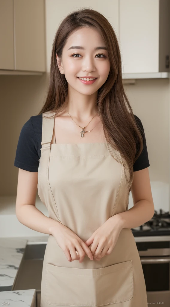 (Highest quality, 8k, masterpiece: 1.3), Beautiful woman with perfect figure: 1.4, Dark brown hair, Wear a pendant, Wearing an apron, In the kitchen, Highly detailed face and skin, Detailed eyes, double eyelid, Big Breasts, smile