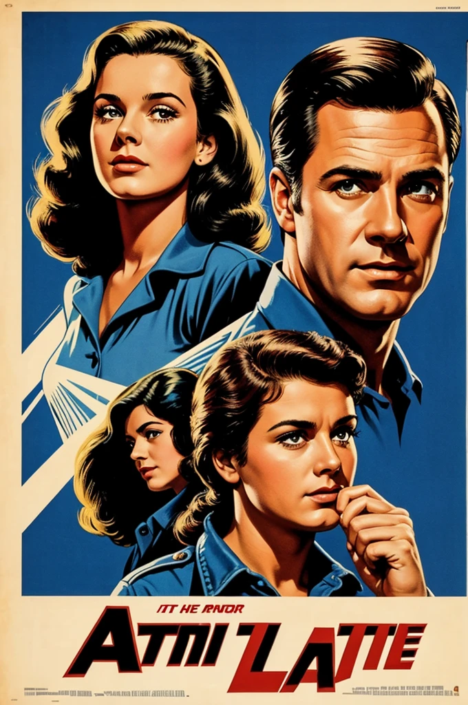 A retro movie poster that says the at's on it and that shows two women, one blonde and one brunette, and also a brown boy on it.