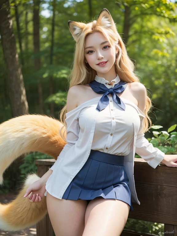 ((Highest quality)), ((masterpiece)), (Highest Resolution), Perfect Face, Fox Woman, Beautiful woman, public, Has one tail, She has thick thighs, a large tail, She has a blonde fox tail, She wags her tail, smile, fur collar, she is wearing a short skirt, Beautiful Hips, Big Breasts , Her big tail flips up her skirt