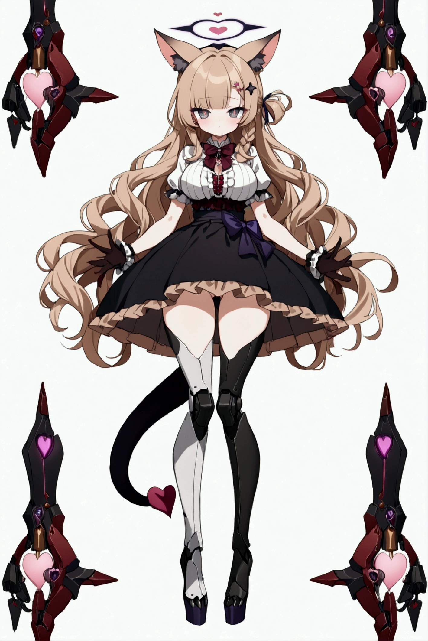 Woman 180cm tall, big chest, wide hip, slim build, charming look, (dark blonde hair), ((hip length loose wavy hair, asymmetrical bangs, star hairpin)), (a short braid on the left and right side of the hair tied with an elegant purple ribbon), (small ribbons at the back of the hair), ((Gray eyes with a pink 4-pointed star in the pupil)), (two black fox ears located on the top of the head), (luminous black halo in the shape of a 4-pointed star on the head), ((It has a small black succubus tail that ends in the shape of a heart)), (((It has complex mechanical legs that reach up to the thighs., The legs are dark gray with small burgundy and black details))), (elegant knee length one piece dress, small Vinotinto bowtie on the neck of the dress, white bust with vertical black lines, ruffles in the middle of the bust, lace and ruffle skirt, short sleeves with ruffles, ribbon decorations and star patterns on the dress), black ruffled gloves, Black platform heels, gray belt at the waist with a large ribbon with a luminous pink heart in the middle, black necklace with a heart pendant on the neck, (((character design sheet: front view))), ((whole body)), extremely detailed beautiful hair, beautiful detailed dress, extremely detailed arms, extremely detailed face, (Extremely detailed hands), perfect hands, small face, Beautiful detailed eyes, beautiful detailed lips, adorable, extremely detailed legs, (Best Quality, 8k, high resolution), ultra detailed, Exquisite and epic character art, ((White background)), (Focus on symmetry), (beautiful detailed succubus tail), (only one woman in the picture)