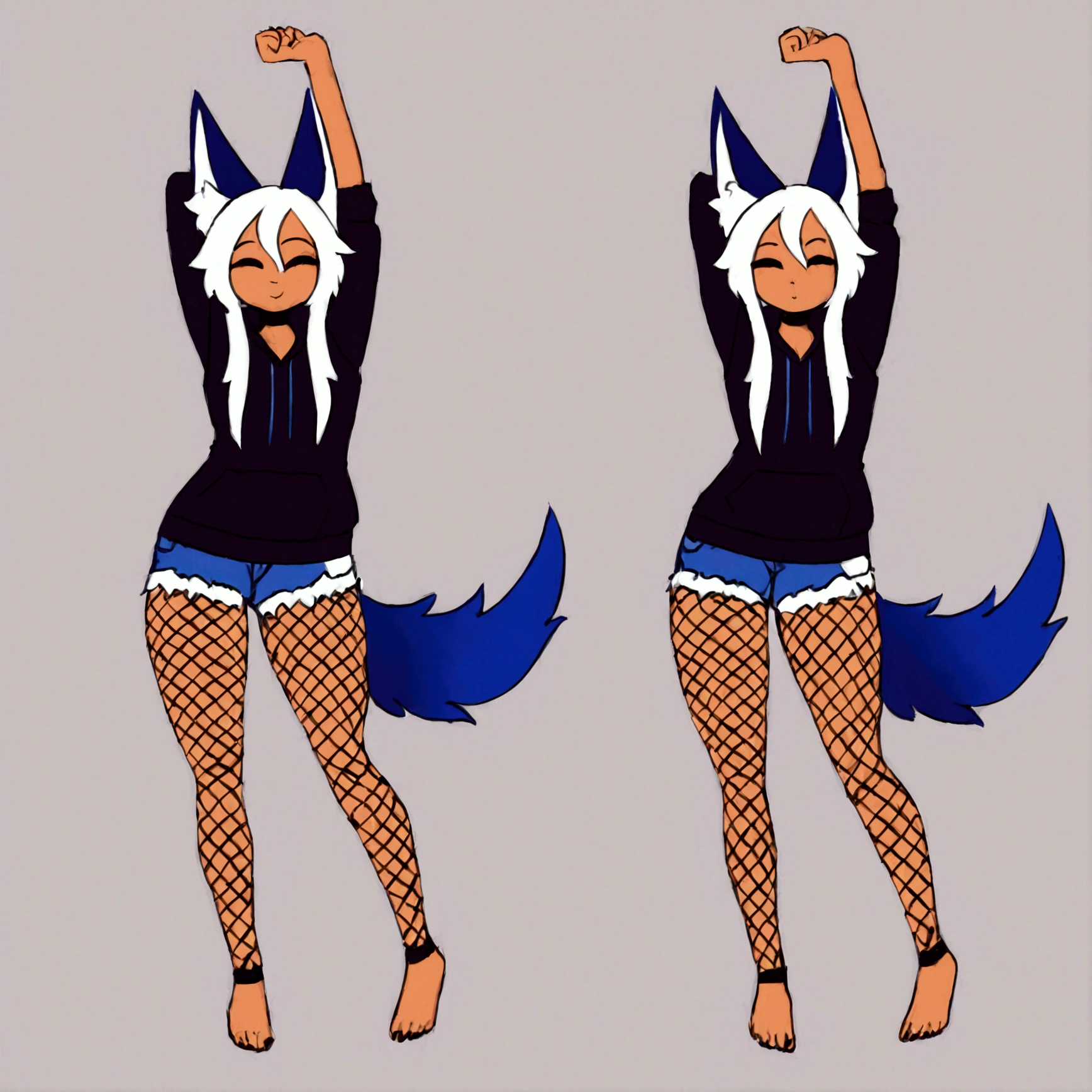 score_9,score_8_up,score_7_up, source_cartoon, an Anthro furry wolf girl, black furry body, black ear tips, short white hair with blue tips on hair, blue highlights in hair, pink eyes, wearing black underwear, black collar, black furry body, (long hair), feminine, white thigh highs, (curved horns), black fur, simple background, dark grey furry body, nice hands, good anatomy, ((two-tone-body)), fluffy tail, 2 tails, one foot up and in view, exposed toes, 4 toes, mouth open, laughing, rear view