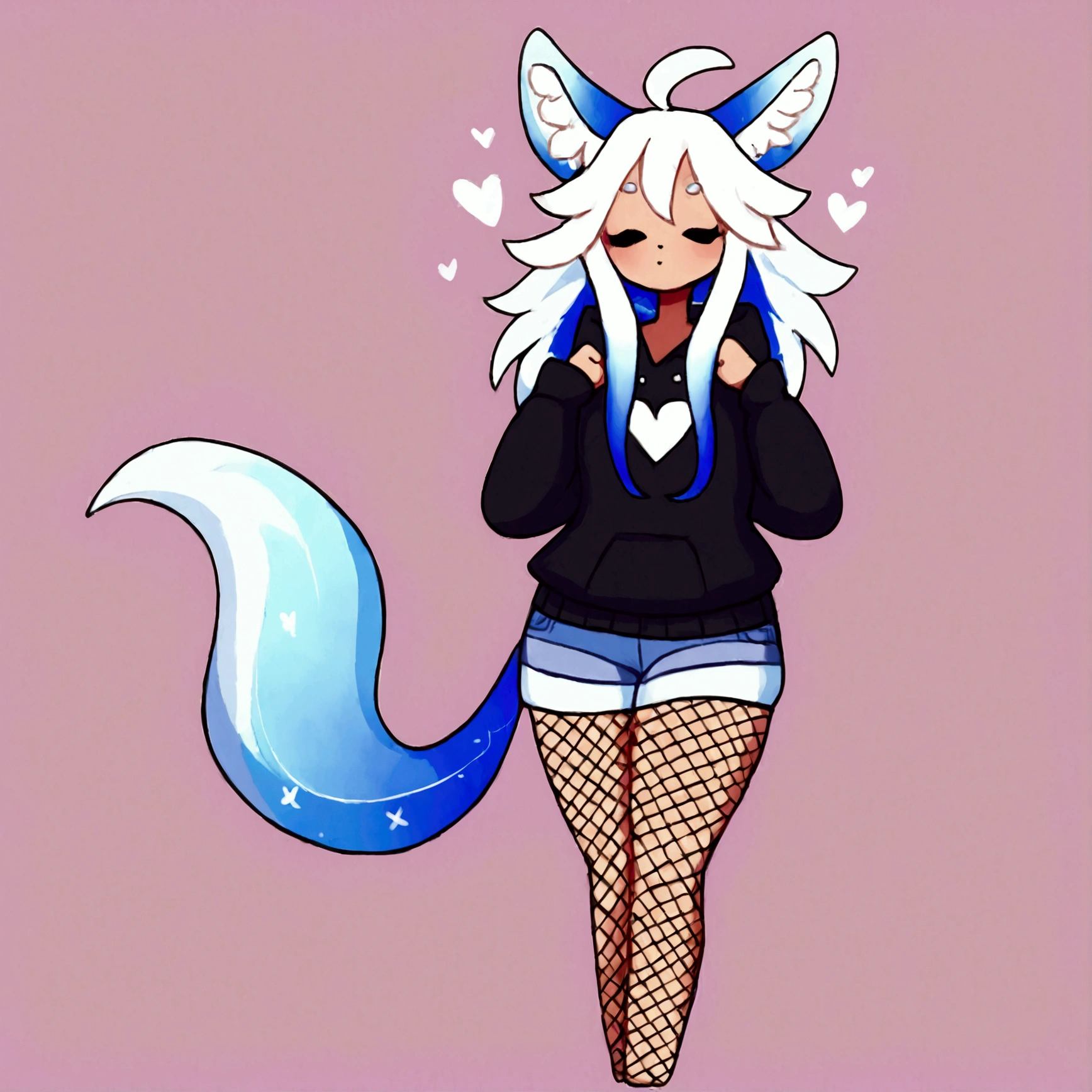 a cute adult male with wolf ears, long white hair, long locks, has a wolf tail, wearing a loose cropped black hoodie, wearing a pair of denim short shorts and fishnet stockings, thick thighs, wide hips, relaxing on mound of fluffy multi colored plushies, short, very slim, showing slender tummy, heart on hoodie, squishy thighs, has glowing blue eyes. alone, solo (ALONE)(SOLO), surrounded by rainbows, colorful galaxy backround, stretching, giggling