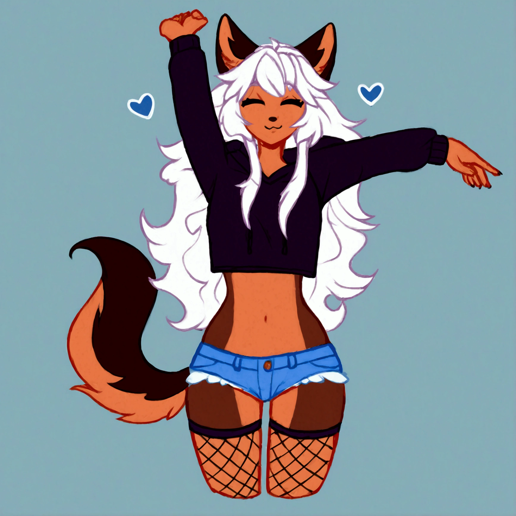 a cute adult male with wolf ears, long white hair, long locks, has a wolf tail, wearing a loose cropped black hoodie, wearing a pair of denim short shorts and fishnet stockings, thick thighs, wide hips, relaxing on mound of fluffy multi colored plushies, short, very slim, showing slender tummy, heart on hoodie, squishy thighs, has glowing blue eyes. alone, solo (ALONE)(SOLO), surrounded by rainbows, colorful galaxy backround, stretching, giggling