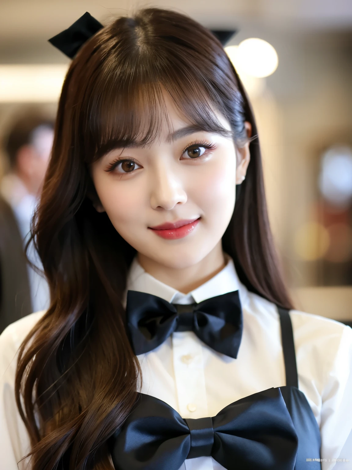 araffe asian woman with long brown hair and a black bow tie, jaeyeon nam, wan adorable korean face, korean girl, ulzzang, young adorable korean face, jinyoung shin, portrait of female korean idol, popular south korean makeup, popular korean makeup, portrait of jossi of blackpink, beautiful young korean woman, beautiful south korean woman