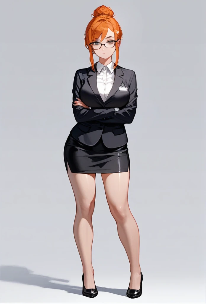 pale adult woman, large breasts, very thick thighs, wide hips, short ginger hair in a sleek hairbun, glasses, tight black blazer, tight black pencil skirt, mid-thigh black pencil skirt hem, thick thighs pressed together, very thick legs, thick calves, wearing black high heels, bored expression, strict teacher, facing forward, she is standing, legs and feet in the photo, crossing arms under her chest, straight face, raised eyebrow, full body shown, voluptuous, detailed face, 8k quality, toes pointed inward, legs pressed together, feet together