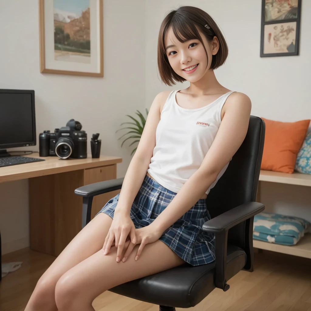 NSFW, score_9, score_8_up, score_7_up, (best quality, official art, very aesthetic, absurdres:1.0),A young Japanese woman with brown straight short hair wearing tank top and mini skirt is sitting in a chair searching the internet on her MacBook, smiling looking at camera, in the colorful living room of a modern apartment.