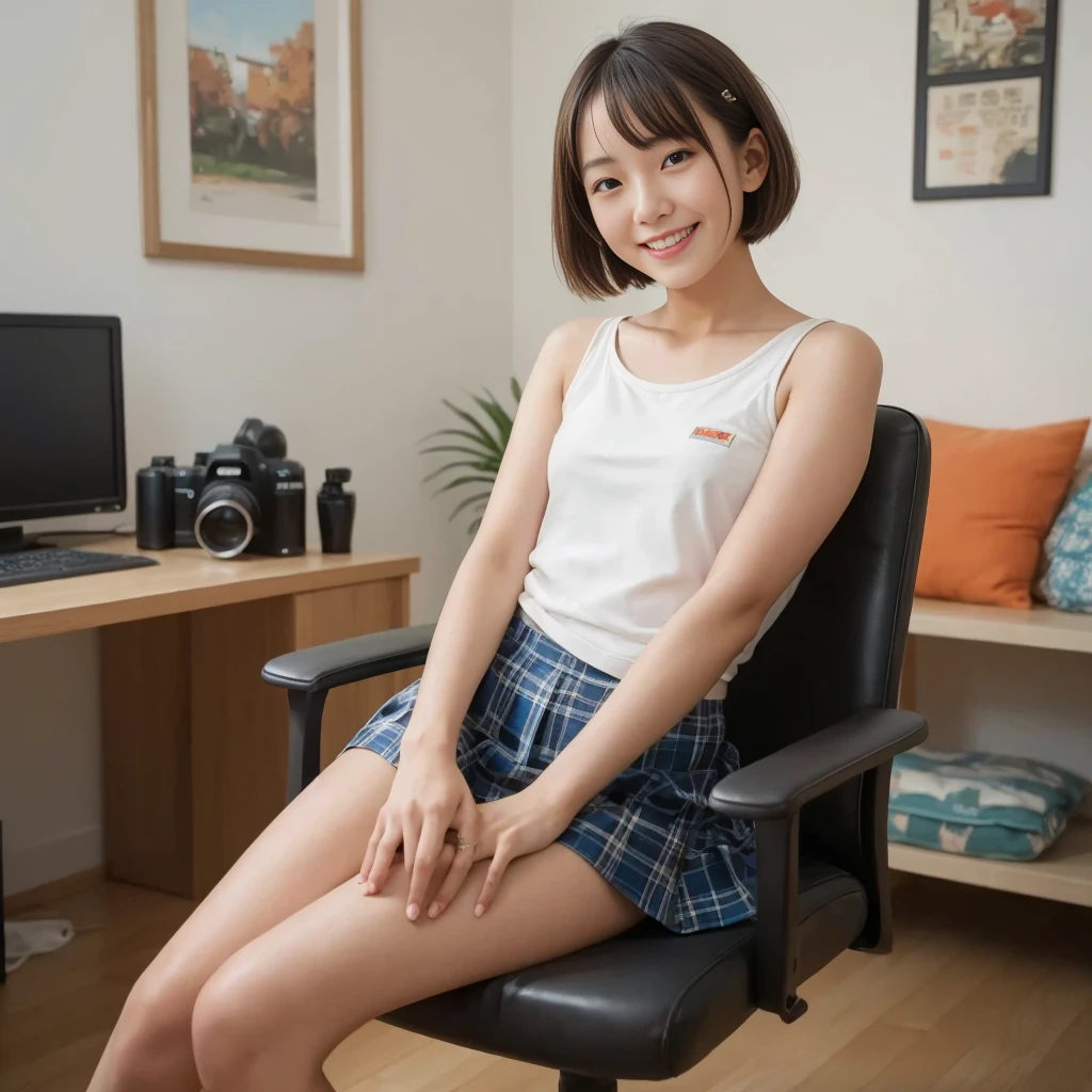 NSFW, score_9, score_8_up, score_7_up, (best quality, official art, very aesthetic, absurdres:1.0),A young Japanese woman with brown straight short hair wearing tank top and mini skirt is sitting in a chair searching the internet on her MacBook, smiling looking at camera, in the colorful living room of a modern apartment.