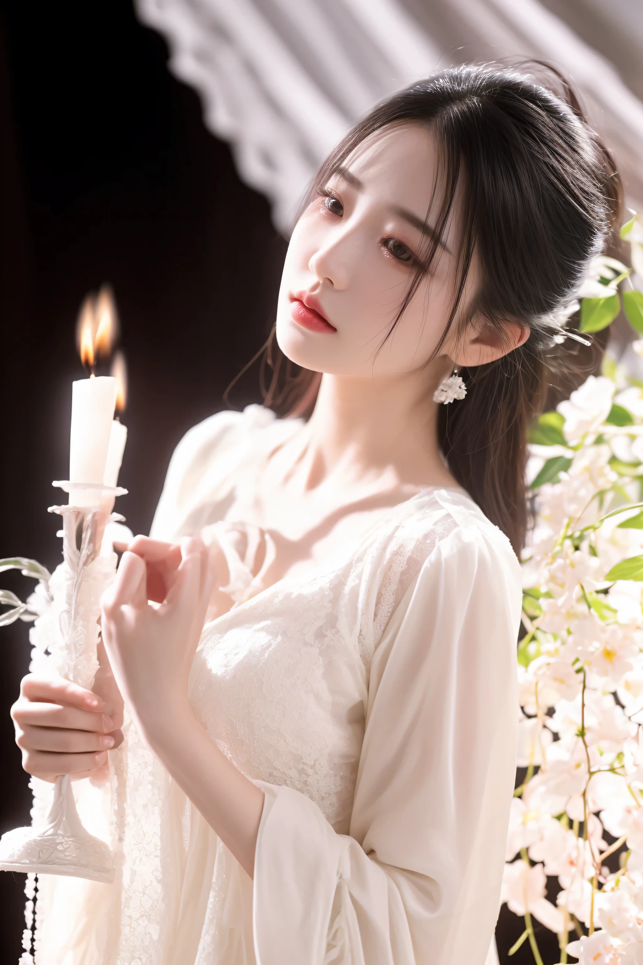 there is a woman that is holding a candle in her hand, ethereal lighting - h 0, palace , a girl in hanfu, ethereal beauty, white hanfu, ethereal fairytale, ethereal!!!!!!!, sha xi, Yoshitomo Nara, ethereal fantasy, soft ethereal lighting, captured on canon eos r 6, ethereal and dreamy
