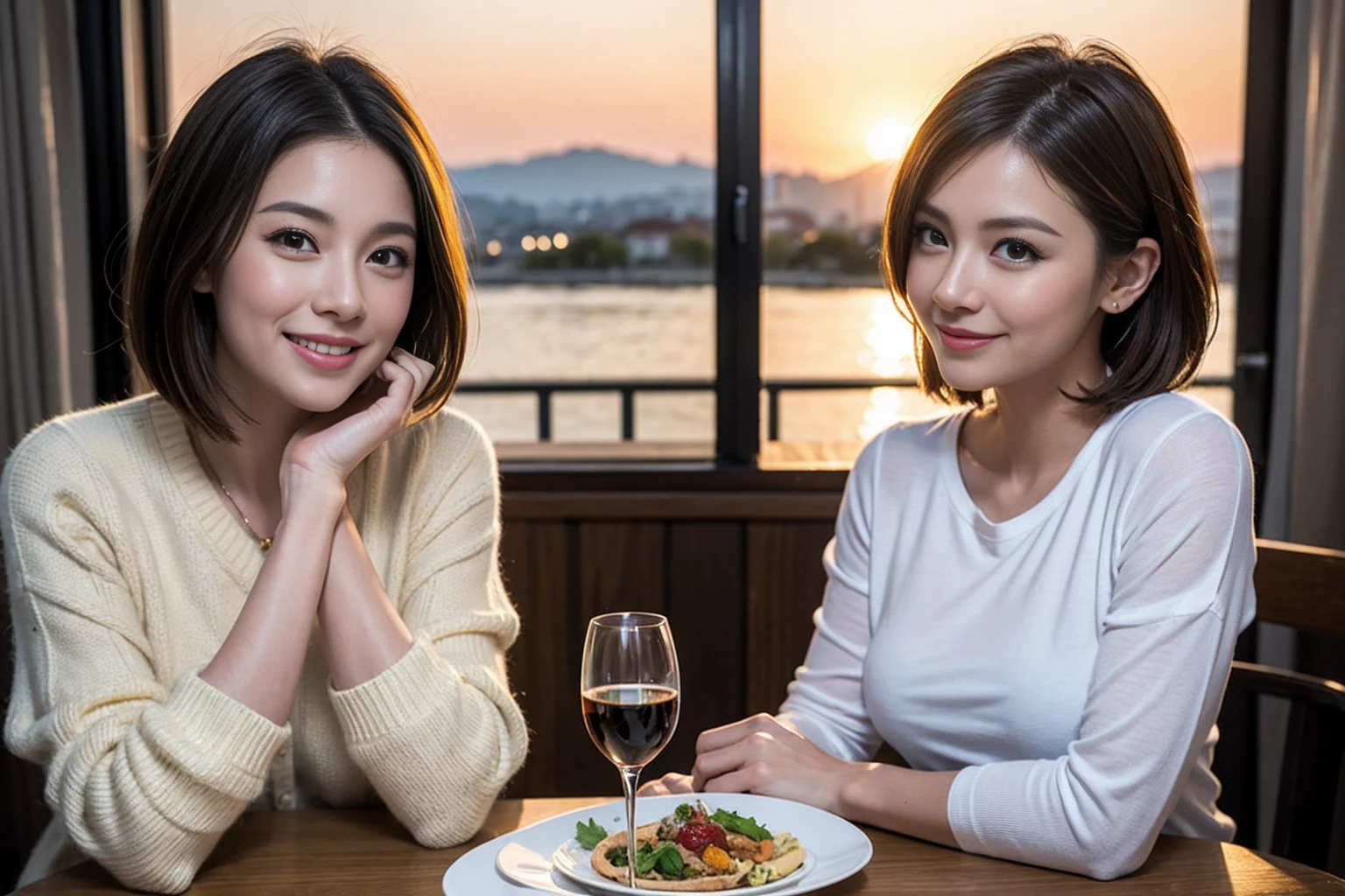 （Realistic:1.1）,(masterpiece,Highest quality)，8k,(40 years old), 42 years old, slimカップル、Model Couple、Actress/Actor、Tight waist,Upper Body,full-course dinner、wine 、Amazing view of the sunset sky and clouds、Perfect Anatomy, Brown Hair, Short Hair,Random Hairstyles,((Highly detailed face and eyes:1.2))(cute顔:1.4)，Beautiful actress face，Perfect golden ratio face，Long sleeve shirt、dress,(smile:1.2)、Shortcuts、cute、(Realistic, Intricate details:1.2), A bright smile、short hair,Bright Face、赤wine 、Appetizers、Italian food、wine bottle、Champagne、スパークリングwine、(slimな顔), (The body is slim), (Brown Hair), (Shortcuts),  Upper Body, 白wine, slim, wineグラス, 