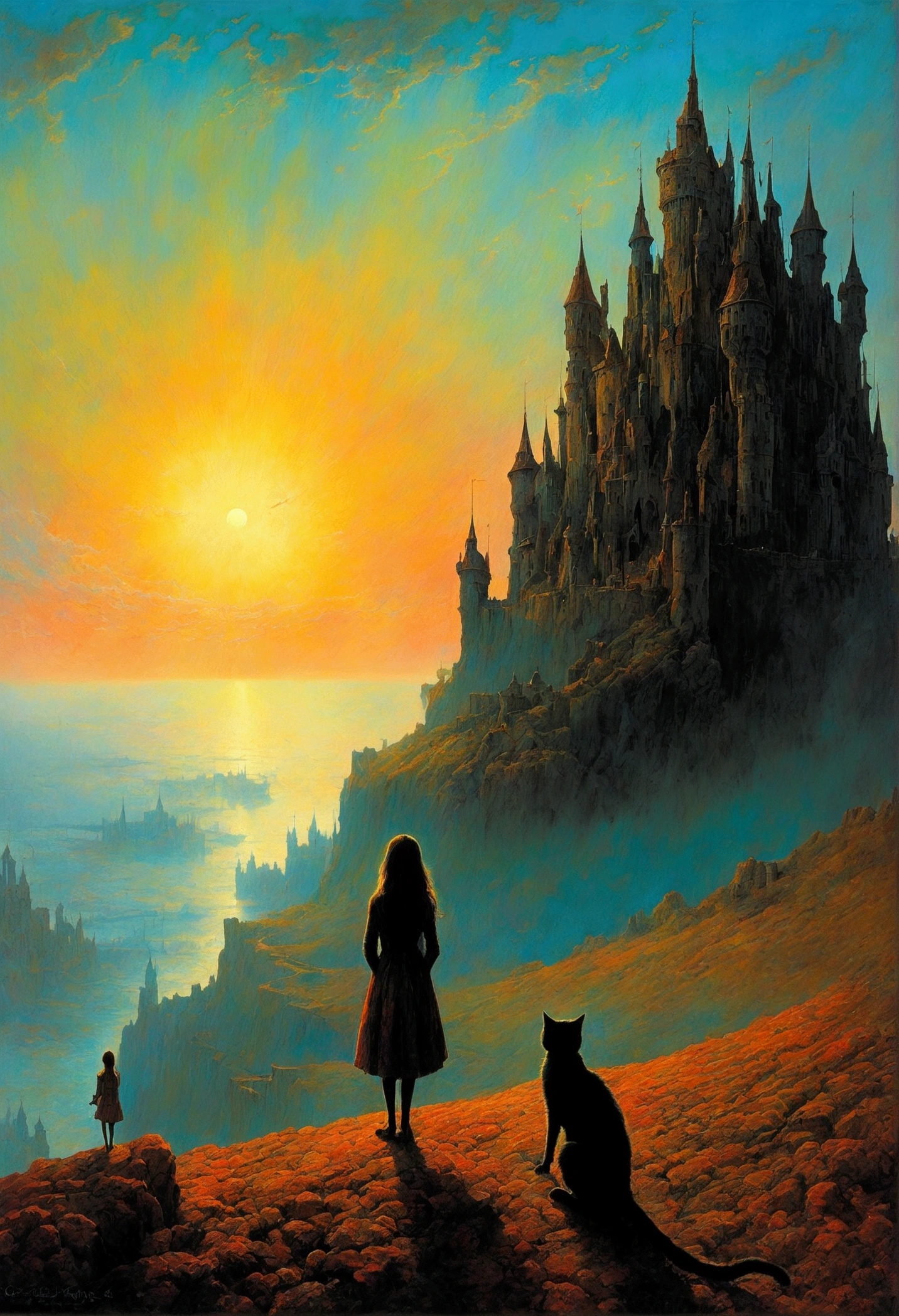 black cat, author:Zdzislaw Beksiński、Big Eye in the Sky、girl、Huge castle
