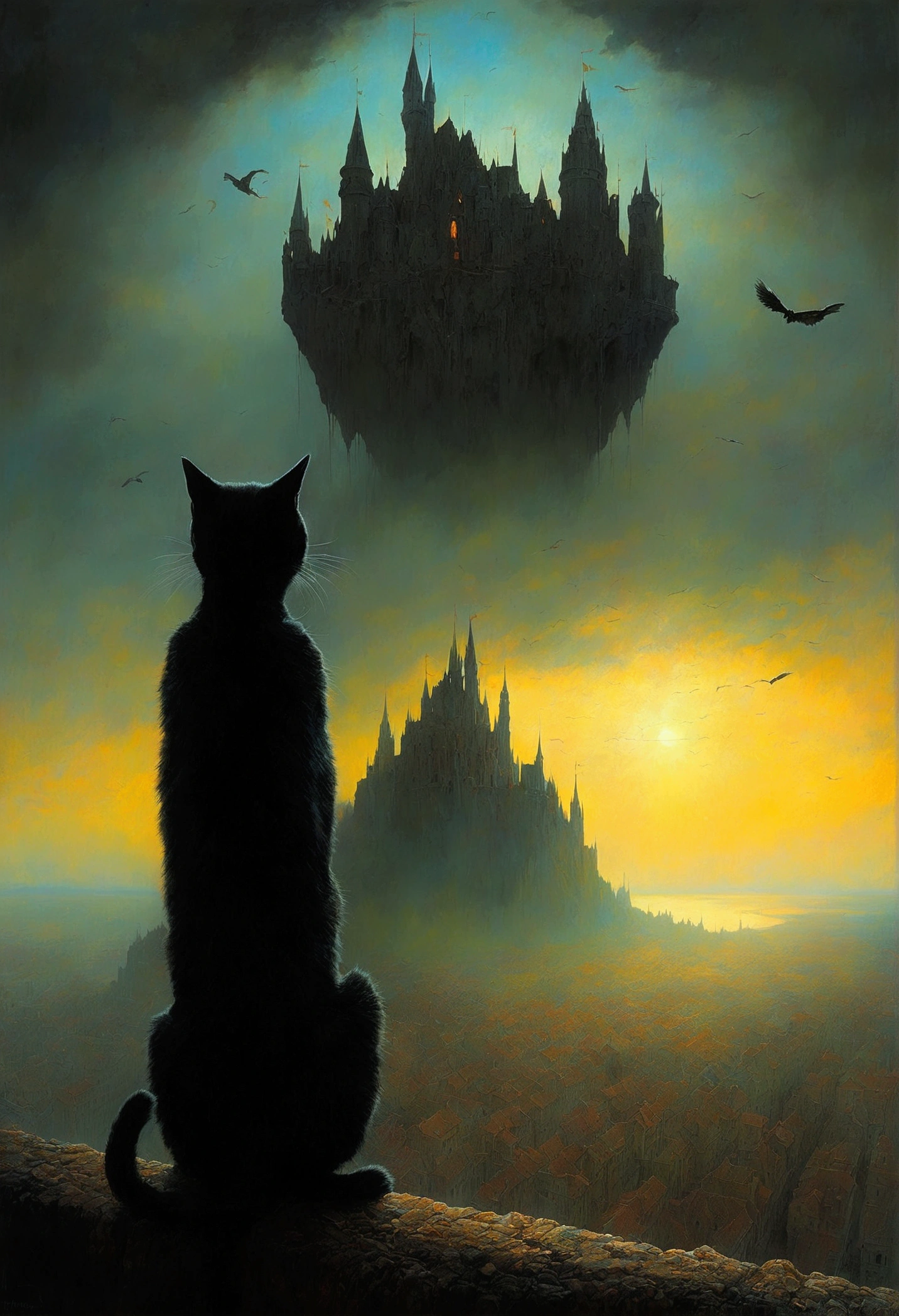 black cat, author:Zdzislaw Beksiński、Big Eye in the Sky、girl、Huge castle