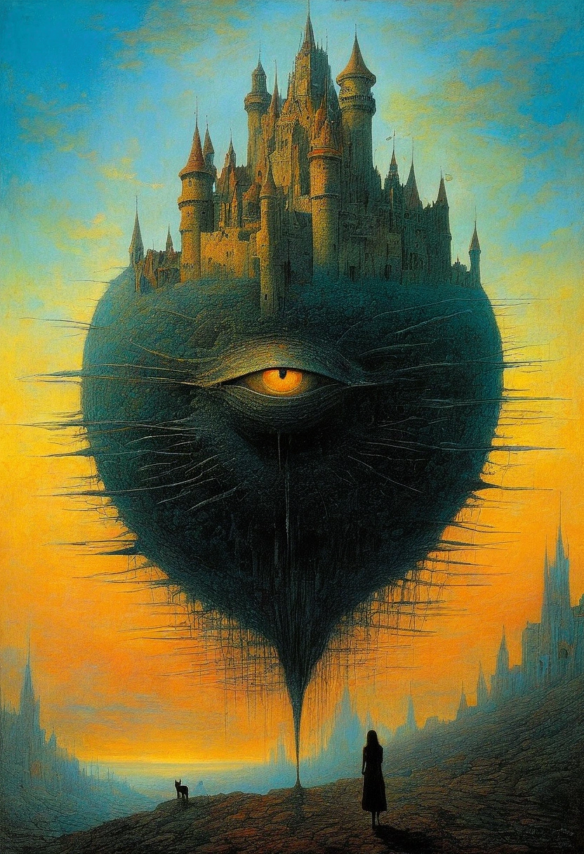 black cat, author：Zdzislaw Beksiński、Big Eye in the Sky、girl、Huge castle