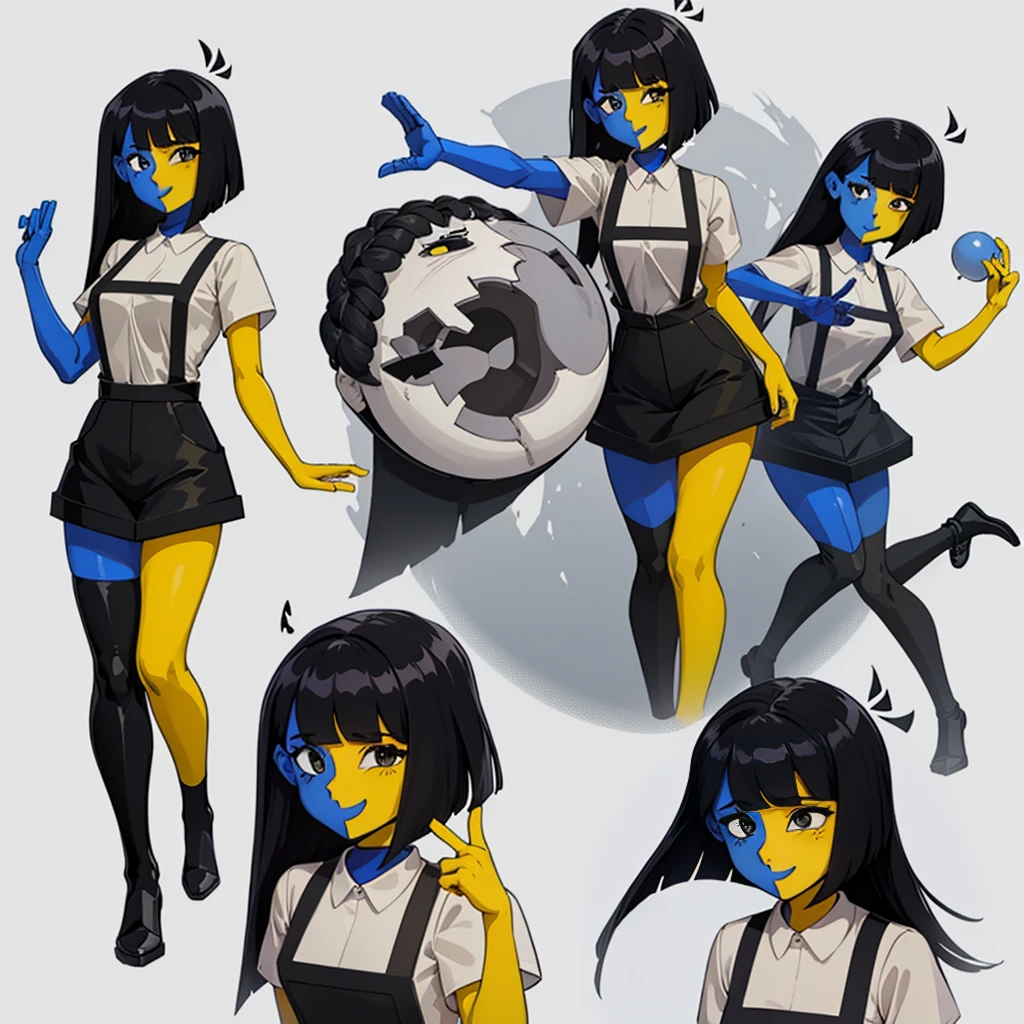 Ena (Joel G), 1girl, dual-colored body, (right side blue, left side yellow), long black hair with different length on either side, (right side of hair longer and straight, left side of hair resembles bob cut and covers left ear), two triangular ahoges, blunt cut bangs, diamond-shaped right eye with a eyelash down, half circle-shaped left eye, black eyes, beige collared t-shirt, black skirt with black overalls straps, single strap connecting the two other straps going across her chest, two black socks (one thigh-high on her right and one ankle sock on her left), grain effect over her right side and hair, front view, standing, perfect anatomy, better hands,