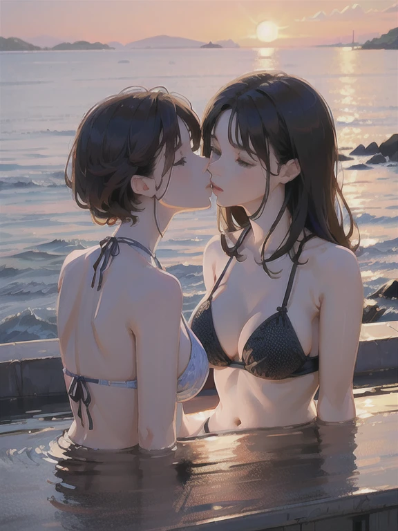 Tabletop,super high quality, Hyper Detail,Perfect drawing,Hmph,3d,8k,Awareness-raising、there is nothing、(((Two beautiful girls)))、bikini、Swimwear)、(Sitting on the breakwater)、close your eyes、((French kiss))、The Sunset Sun、horizon、coastal、Backlight、Shining Water Surface、Beautiful background、Accurate drawing、Detail view