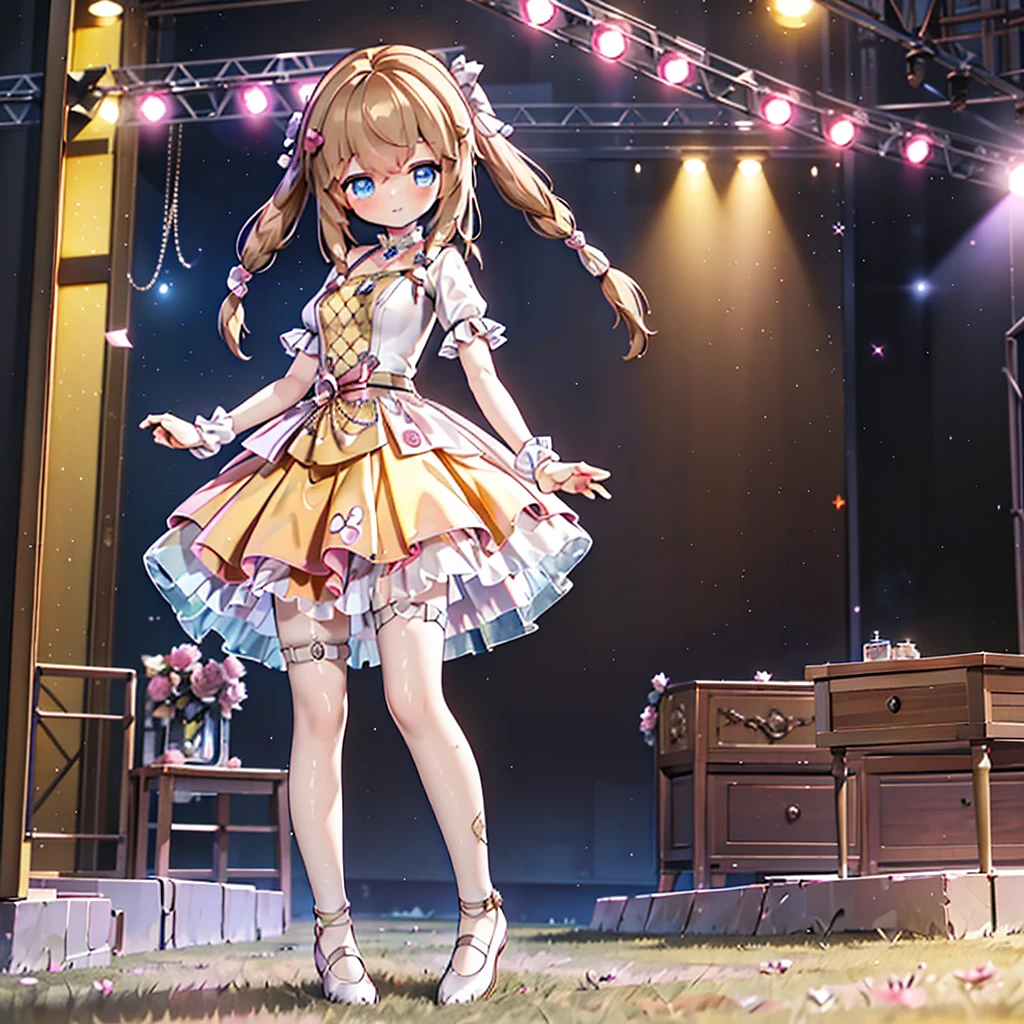 Solo, 1 girl, comical, kawaii, Blue eyes, light brown hair, back high twintails, front braids, (princess dress), ((yellow dress 1.5))smile, Infront of viewer, from below, dance at the stage, neon and led lights, posing, sexy, high-resolution image, masterpiece, high quality, attractive eyes, full body 
