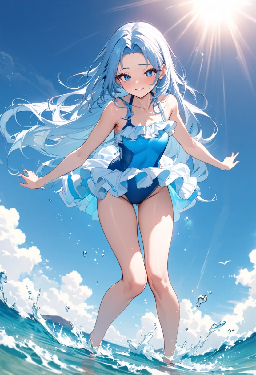 (full body, pov lovely swimsuit style) (beautiful body), (solo:2, yo, forehead blue hair long hair lovely girl, cute blue eyes, glossy lip, love smile), (in a cute Layered frills blue one piece swimsuit), break, in the sunshine beach, background beautiful ocean, Double Exposure beautiful glow, BREAK, perfect anatomy, masterpiece, best quality, 16k, beautiful detailed love, sexy, daydreaming expression.