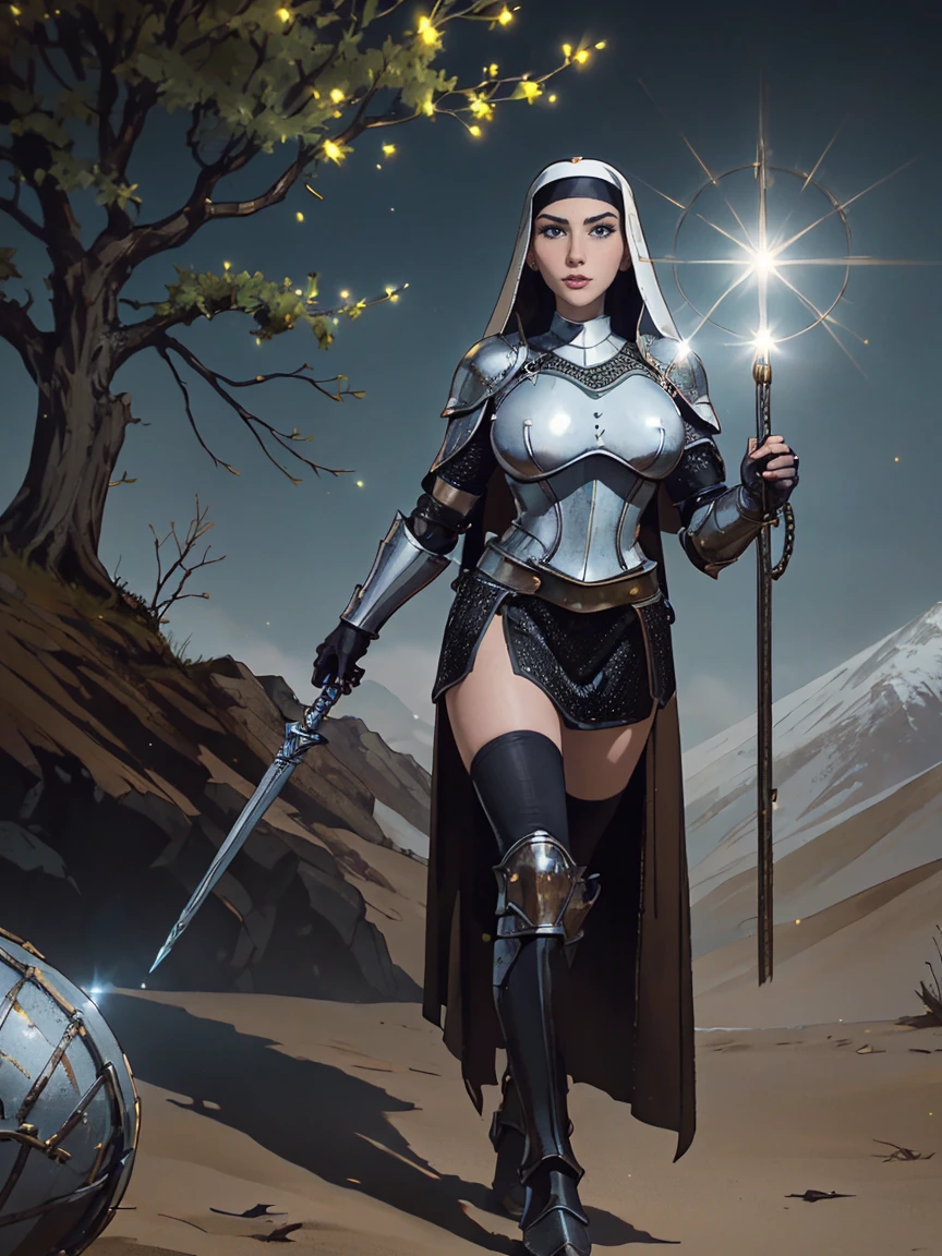 (masterpiece, top quality, best quality, official art, beautiful and aesthetic:1.2), (1girl:1.3), ((Sharp facial features, sharp features, hawkish features)), ((blue eyes)), busty paladin knight girl, extremely detailed, portrait, looking at viewer, solo, (full body:0.6), detailed background, full-body shot, (warm mountain meadow theme:1.1), holy knight, (nun), charlatan, smirk, mysterious, swaying in mountains, armor, polished metal, gold trim, long boots, white fabric, pelvic curtain, robe, pale leather, ((((nun, holy aura, corona, mace, heavy armor, armored, long legs, pelvic curtain, toned, muscular, chainmail)))), slim waist, slim hips, long legs, medieval (mountain exterior:1.1) background, dark mysterious lighting, shadows, magical atmosphere, dutch angle