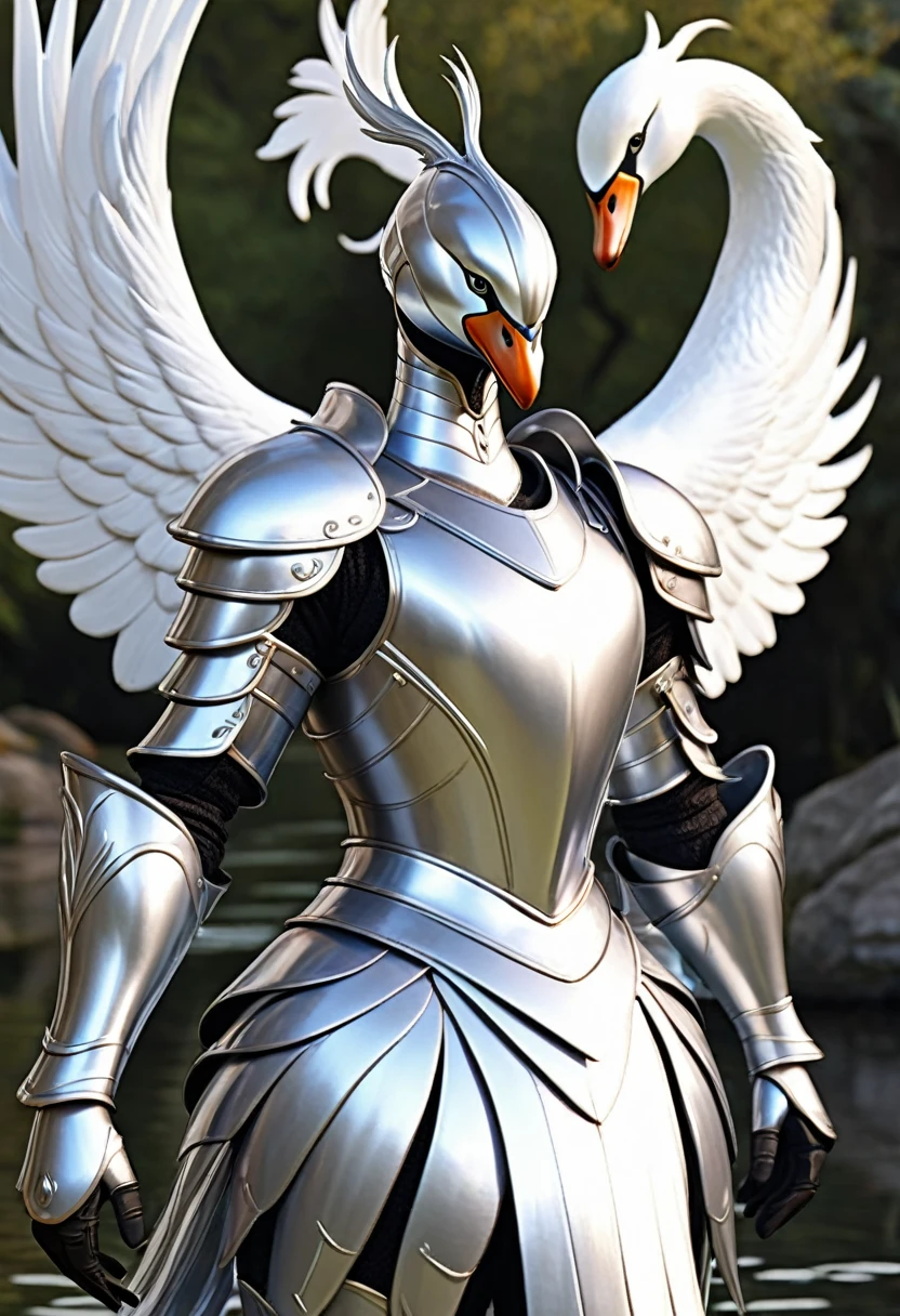 A man in silver metallic armor, Cel animation style, A swan sculpture is designed into the head armor., I can see your real face, Armor in the shape of a swan's wing, Blond long hair man, Long Hair, Silver armor over blue clothes, Super beautiful image quality, Professional painter, Highest quality, 18-year-old, Saint Seiya, Saint Seiya,