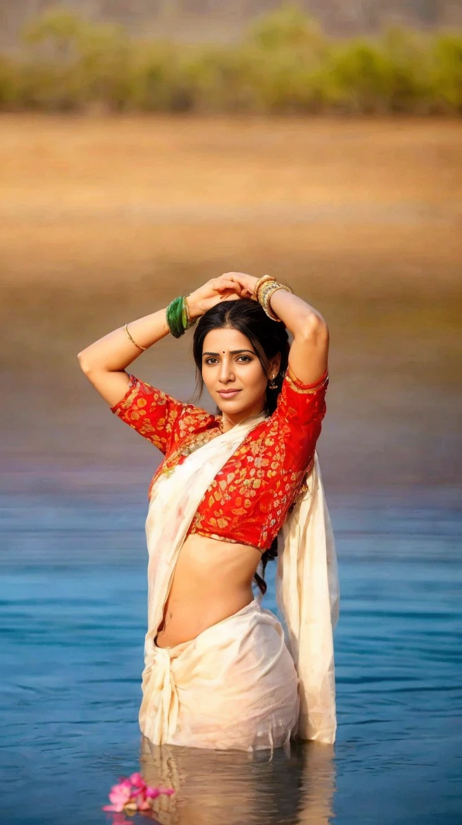 Samantha ruth prabhu,Create a photorealistic image of a middle-class Indian woman standing in a modest living room, wearing a traditional saree with her open pallu dropped (the loose end of the saree dropped) casually over one shoulder. (Expsoing cleavage and navel),The woman should exude a sense of grace and simplicity, with her hair neatly tied in a bun adorned with fresh jasmine flowers. Her expression should be serene yet confident, as she goes about her daily routine with quiet dignity. The room should be furnished modestly, with simple wooden furniture and decorative touches that reflect the warmth and homeliness of a typical middle-class Indian household