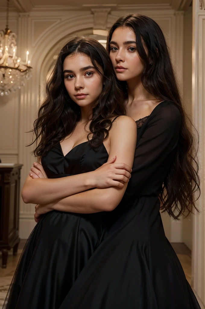 Puedes crear una imagen de un joven apuesto con thin face, clear skin, black hair, bushy beard, black gala dress, junto a una mujer de clear skin, thin face, clear eyes, very curly curly hair, elegantly dressed 