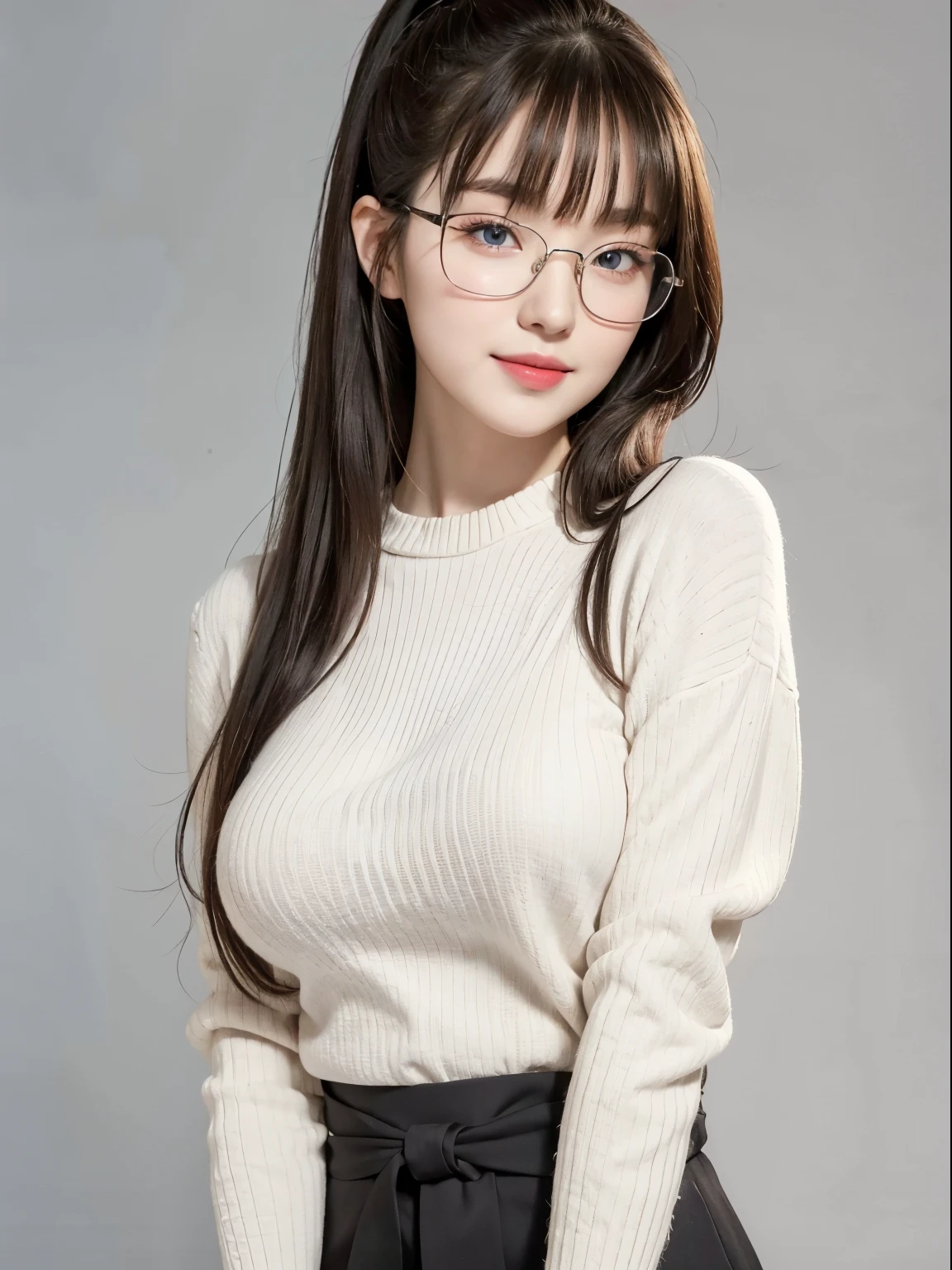 (Best quality, masterpiece, detailed), (RAW, 4k, hd images), 1 girl, 17 years old, white skin, long hair, ponytail, layers hair, bangs, black hair, beautiful girl, cute girl, sweet girl, pretty girl, perfect girl, perfect body, pretty eyes, blue eyes, thin lips, (eye line, lip soft), perfect round breast, glasses, wayfare, simple background, smile, waist, hips, sweater, half body, modeling pose, free style pose, random angle capture