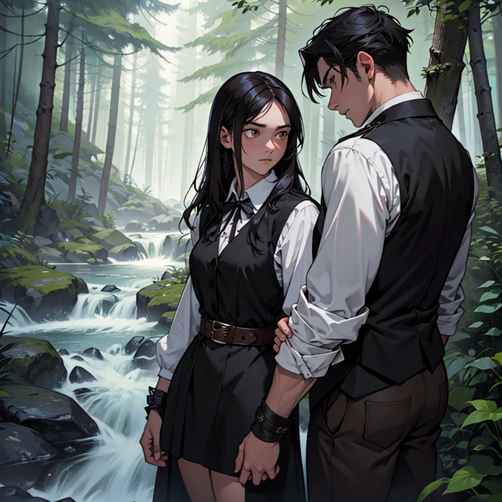 Imagine a 22-year-old witch girl with long black hair and dark brown eyes talking to a 22-year-old boy with short black hair and light eyes wearing a brown vest in front of a stream and surrounded by a dark fantasy themed forest
