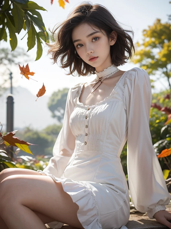 15 year old girl, , slim, flat chest, short white hair, extremely curly, perfect face, victorian short dress, long sleeve, to the neck, showing her legs, holds a short sword with both hands. falling leaves in the wind