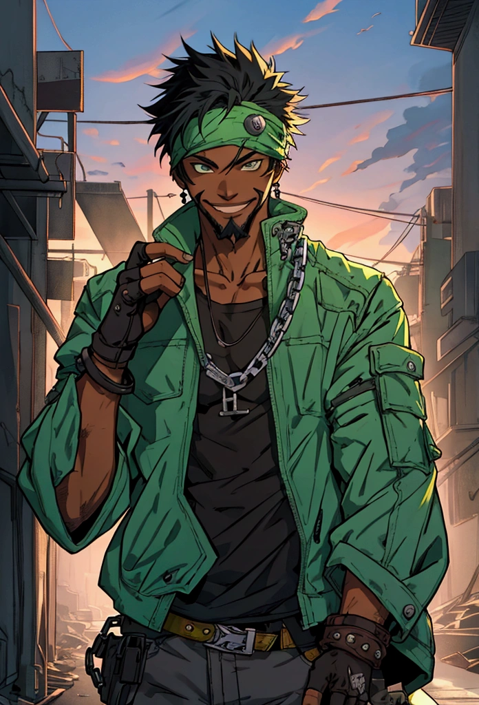 (front focus), Post Apocalypse background, Anime - style illustration of a young adult male with an oversize green tank top and chain around his waist, "(best quality,ultra-detailed),detailed right hand,(Fingerless Glove,Gloved hands), | | |, male anime character, City background, Sunset gradient background, Faded haircut, Black teenager, Young African-American man, smiling, goatee