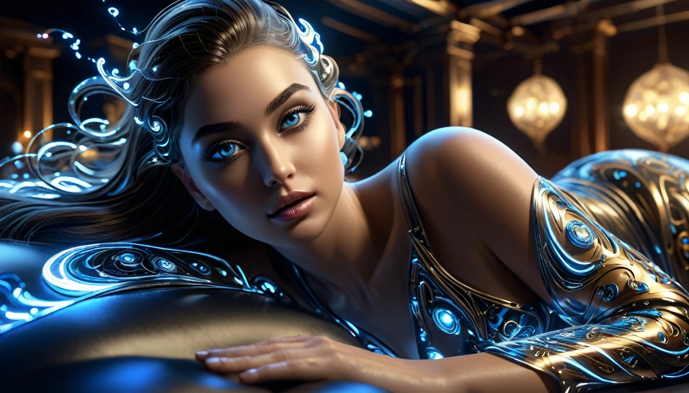 année 2100, La femme du futur alangui sur un sofa complexe, plan large, hyper technologie, Hyperrealism style, AI futuriste, corps entier, souriante et radieuse, bustier étroit incrusté de fines dentelles composed of elements of thunder complexe fractal, bustier effet push-up, complexe, élégante et sensuelle, yeux sublime et intenses, yeux très détaillés, très détaillé, moderne, scifi, digital photography, (cheveux très long), verre brisé, (chef-d'oeuvre artistique, Éclairage latéral, HDR, Réaliste, HD), sublime grosse poitrine push-up,
