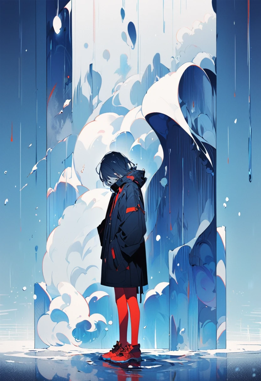 This illustration is a digital art piece featuring a single person placed centrally against a blue background. The background is a uniform blue, providing a consistent tone throughout the image. The central figure is wearing a black coat and red shoes, looking downward with a slumped posture. Above his head, there is a small gray cloud, giving the impression that it is raining. In the background, there are four vague blue silhouettes, suggesting movement around him. The overall texture is flat, with minimal three-dimensionality or detail, presenting a simple style. The contrast between the blue background and silhouettes against the black coat and red shoes of the figure is stark. This illustration depicts an abstract environment rather than a real place, serving as a backdrop to express emotions or mental states. The entire piece is unified in blue tones, emphasizing a sense of coldness and isolation.