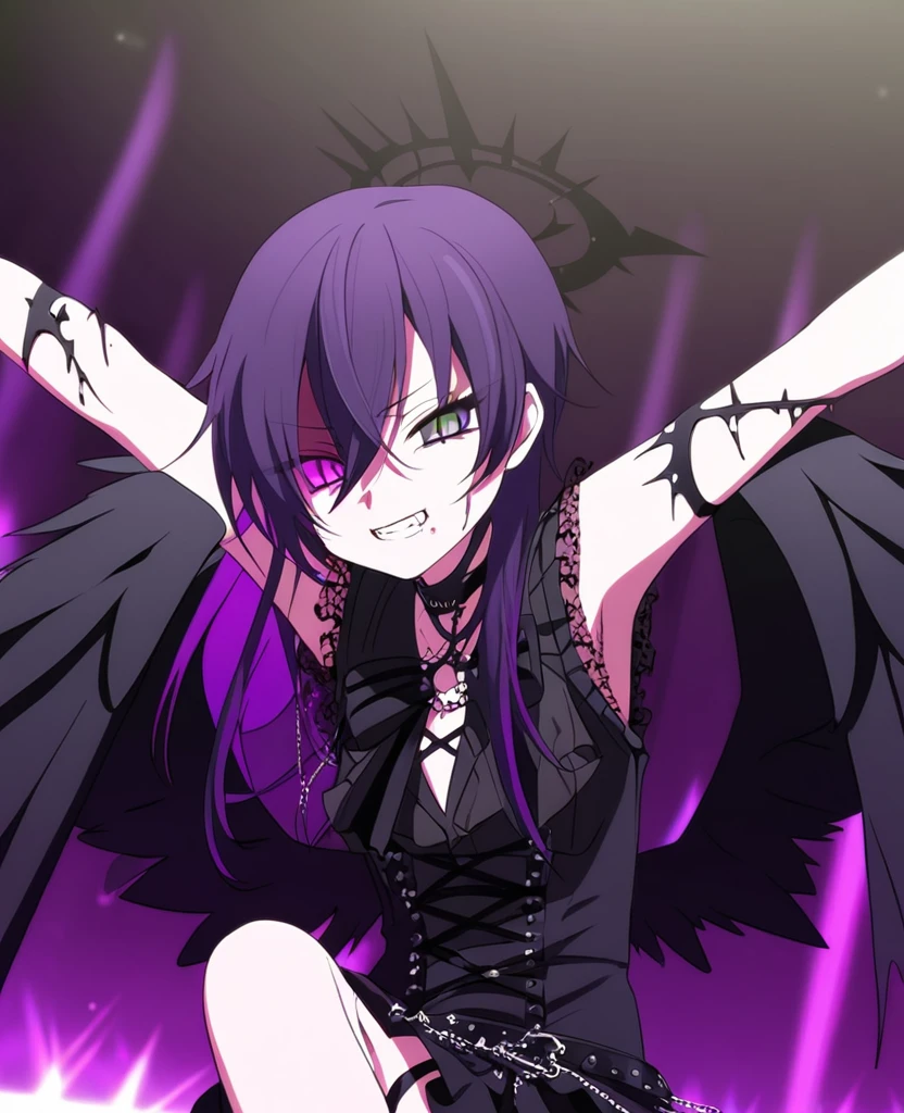 Make a girl with {messy, spikey,} purple hair, black angel halo, heterochromic eyes, black angel wings, {Vkei style,} purple fire and on a stage. Singer. Fallen angel. {Visual Kei fashion.}