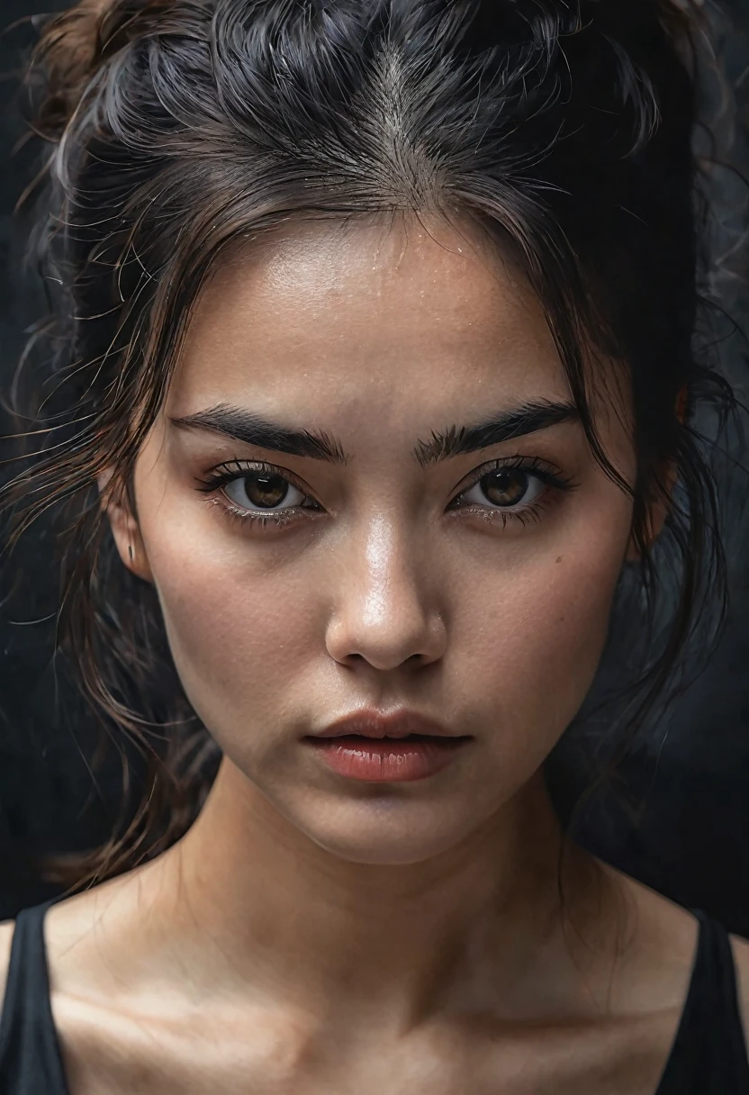 Place the woman on a dark background to focus all the attention on her face.. This image will convey a feeling of seriousness and strength. Let hyperrealism come to life on your Instagram cover!!"