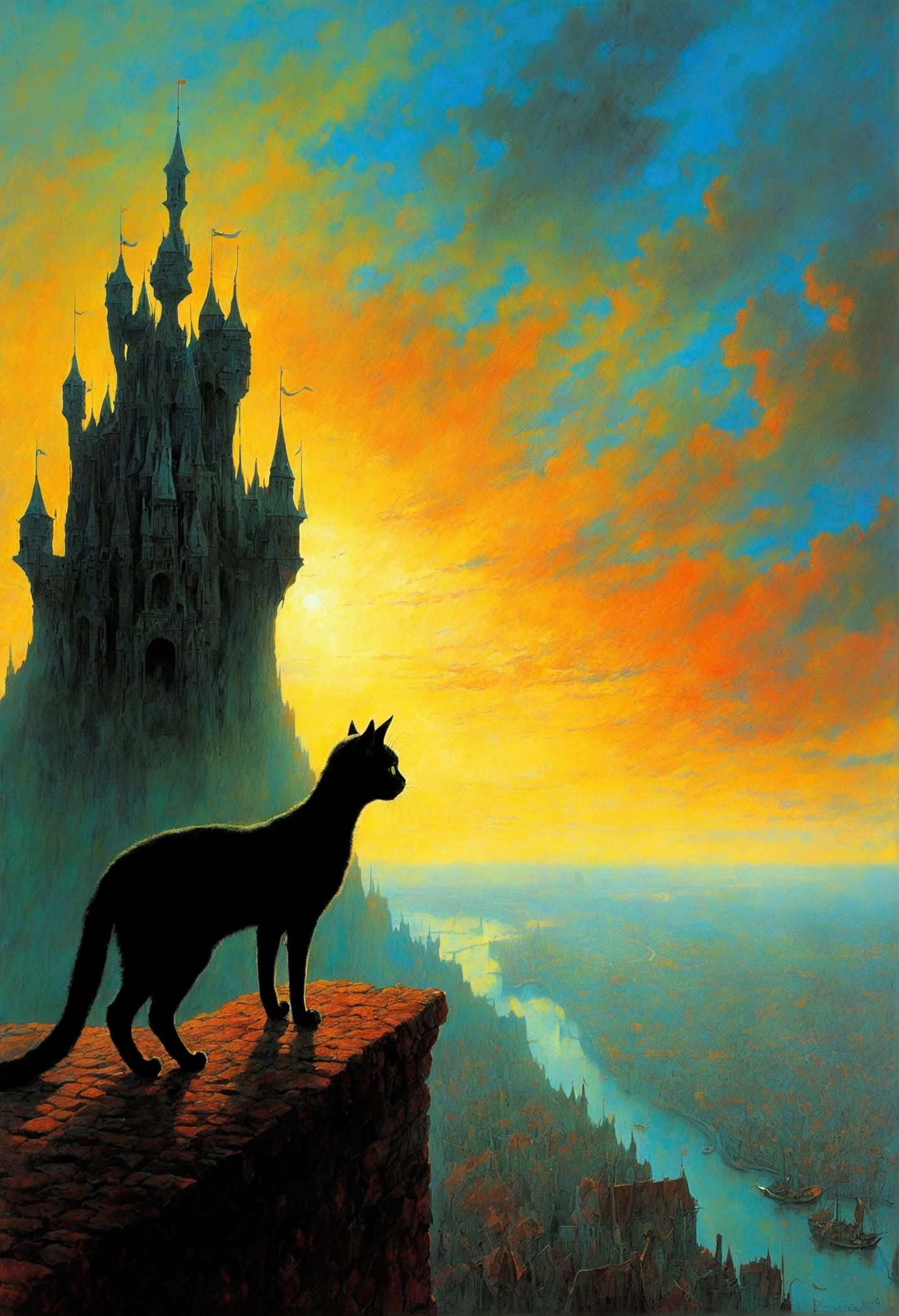 black cat, author：Zdzislaw Beksiński、Big Eye in the Sky、girl、Huge castle